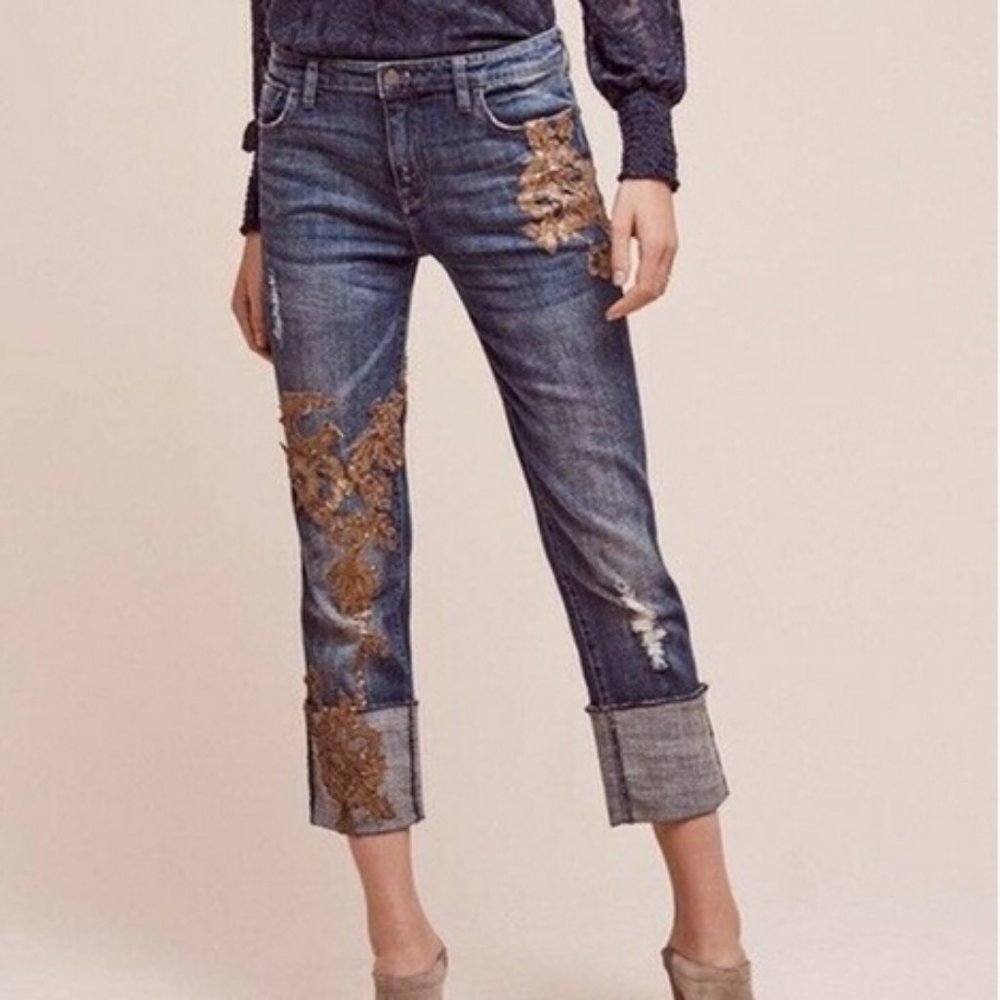 Anthropologie Pilcro cropped jeans gold sequins